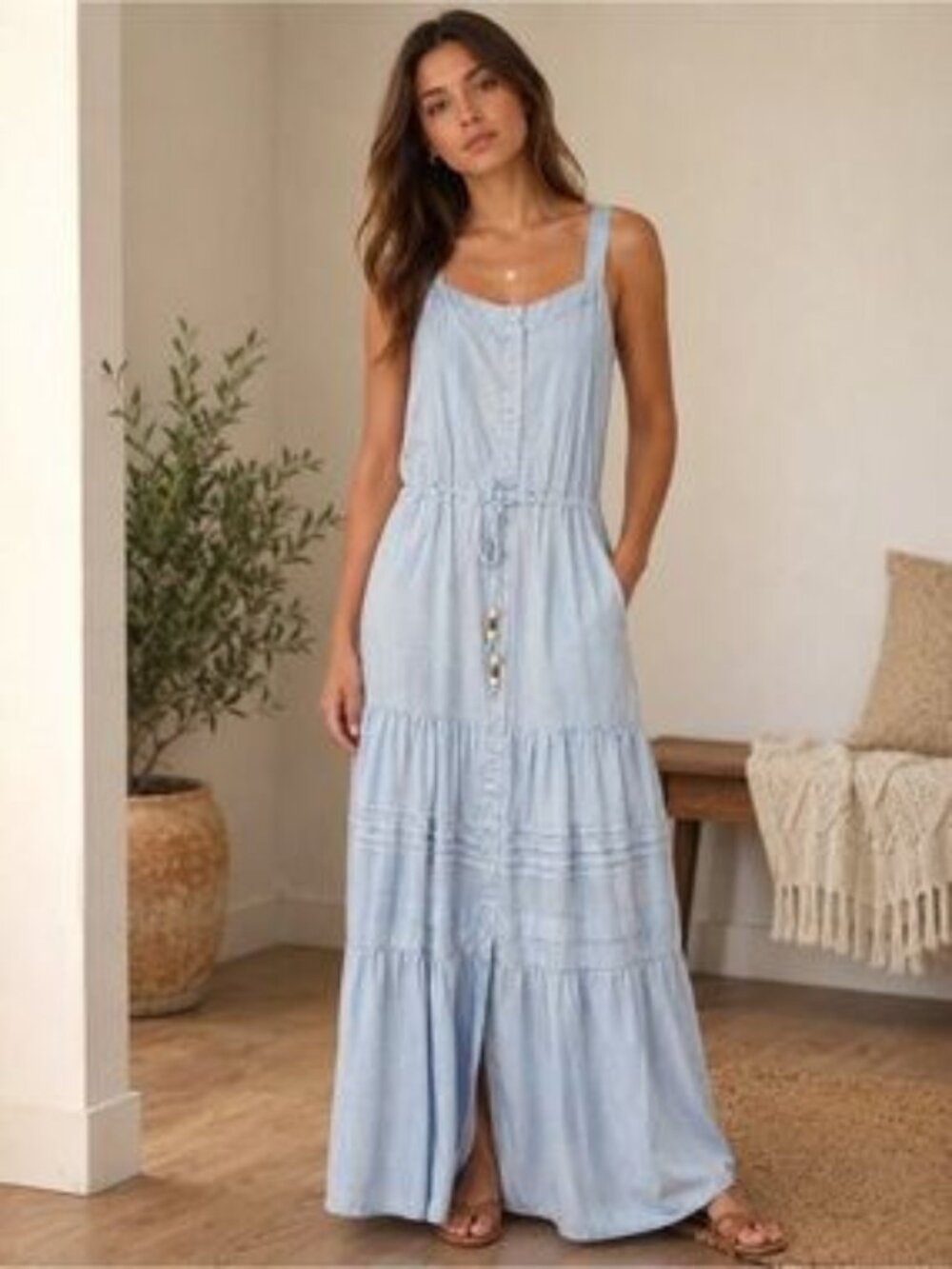 Sleeveless Light Blue Button-Front Maxi Dress with Drawstring Waist